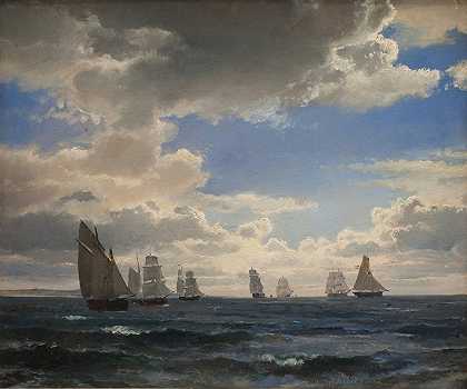 克伦堡海峡以南的帆船`Sailing Ships in the Sound south of Kronborg (1856 ~ 1857) by Carl Frederik Sørensen
