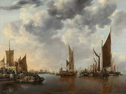 船上海景`Seascape with Ships (c. 1660) by Jan van de Cappelle