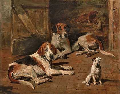 马厩里的猎犬和猎犬`Hounds and a Terrier in a Stable by John Emms