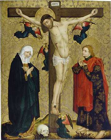 与圣母玛利亚和圣约翰一起受难`The Crucifixion with Mary and Saint John the Evangelist (1450 – 1460) by Master Of The Middle Rhine