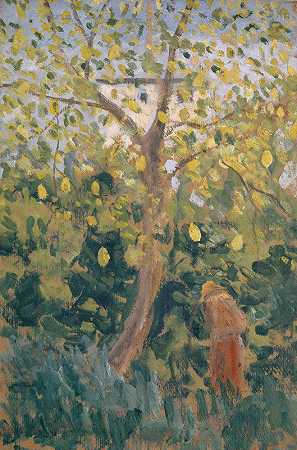 落叶变黄的树`Tree with Yellowed Fall Leaves by Ernst Schiess