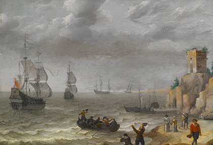 悬崖上有废墟的海景`Seascape with Ruins on a Cliff (1641) by Abraham Willaerts