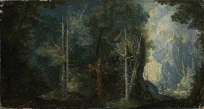 带隐士的林地风景`Woodland Scenery with Hermitage (1614) by Pieter Stevens