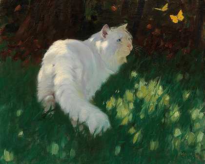 白猫和蝴蝶`White Cat and Butterflies by Arthur Heyer