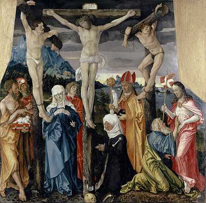 基督和盗贼、圣徒和一名女性捐赠者一起被钉在十字架上`Christ Crucified with the Thieves, Saints, and a Female Donor (1512) by Hans Baldung