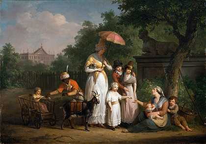 一个贵族家庭在公园里分发施舍`A Noble Family Distributing Alms in a Park (1793) by Mattheus Ignatius van Bree