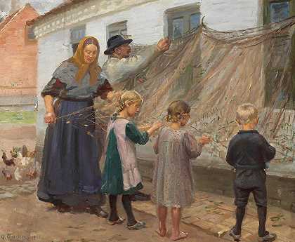 设立了鱼类守备队。`Fiskegarnene redes (1911) by Anna Ancher