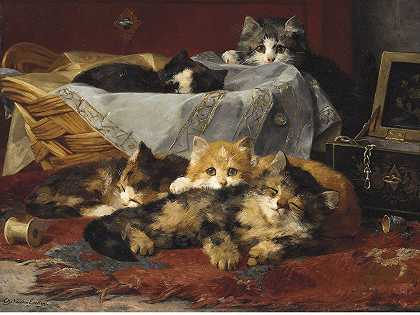 篮子里的小猫`Kittens In A Basket (circa 1909) by Charles Van Den Eycken