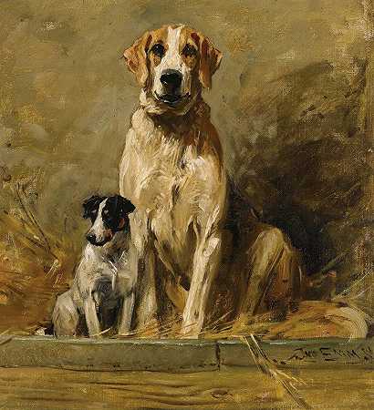 狗窝里的猎犬和猎犬`Hound And Terrier In A Kennel by John Emms