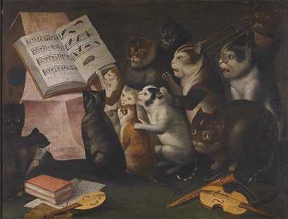 一大群猫咪在唱歌作乐`A Glaring Of Cats Making Music And Singing (circa 1700) by Flemish School