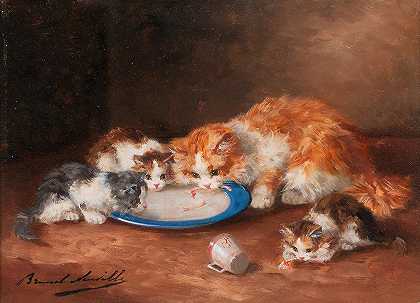 带着三只小猫的猫妈妈`Mother Cat with Three Kittens by Arthur-Alfred Brunel de Neuville