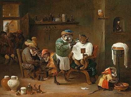 理发店里的猫，快跑`A cat in a barber shop, run by monkeys by monkeys by Abraham Teniers