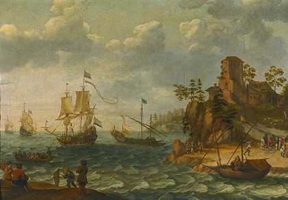 船只停泊在岩石海岸线外，渔民正在卸货`Ships Moored Off A Rocky Coastline With Fishermen Unloading Their Catch by Abraham Willaerts
