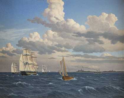 埃尔西诺尔克伦堡城堡北部海湾的船只`Ships in the Sound North of Kronborg Castle, Elsinore (1847) by Christoffer Wilhelm Eckersberg