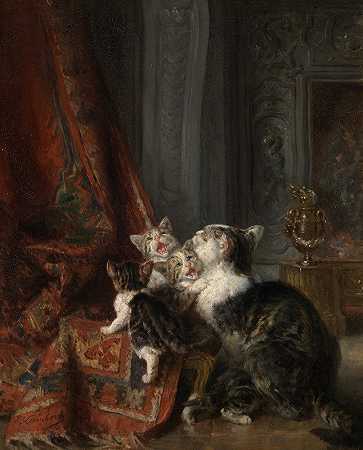 室内有猫`Interior with cats (1875~1900) by Louis-Eugène Lambert