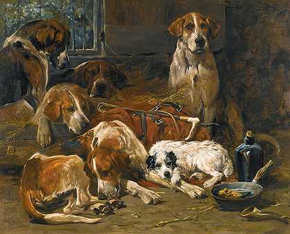 狩猎后，新的森林猎犬和一只猎犬在他们的小屋里`New Forest Buckhounds And A Terrier In Their Lodges After The Hunt by John Emms