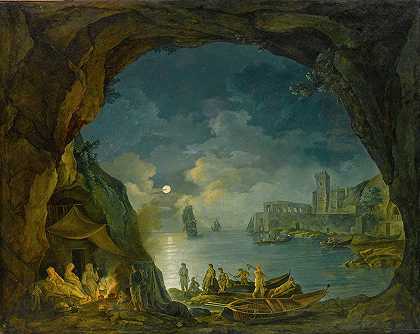 地中海洞穴中的阿斯坦蒂夜景`Paesaggio Notturno Con Astanti In Una Grotta Mediterranea by Joseph Rebell
