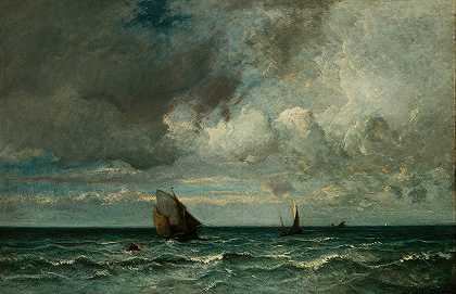 狂风暴雨前狂吠`Barks Fleeing Before the Storm (1870~75) by Jules Dupré