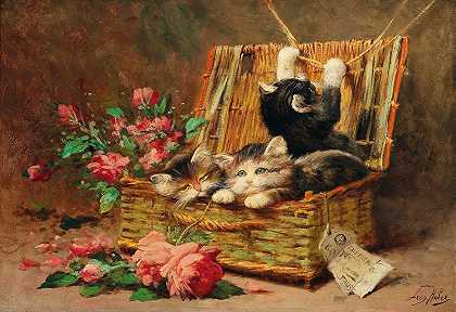 一篮子猫`A Basket of Cats by Léon Huber