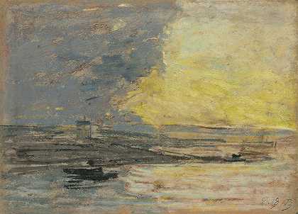 海滨，本弗勒港`Seaside, Port of Honfleur (c. 1860) by Eugène Boudin