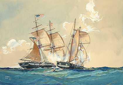 美国和英国之间的行动。查修尔与英国帆船圣劳伦斯，1815年2月26日`Action between the U.S.S. Brig. Chasseur and British Schooner St. Lawrence, Feb. 26, 1815 by Worden Wood