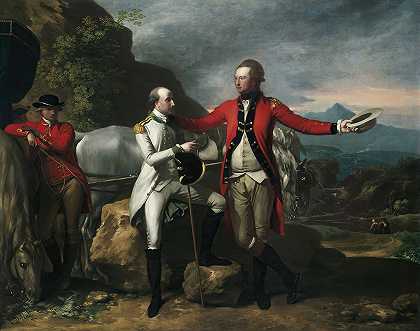 两名军官和一名新郎`Two Officers and a Groom in a Landscape (1777) by Benjamin West