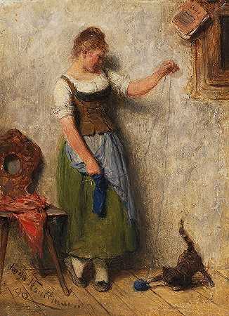 带猫的女孩`Mädchen mit Katze (1890) by Hugo Kauffmann