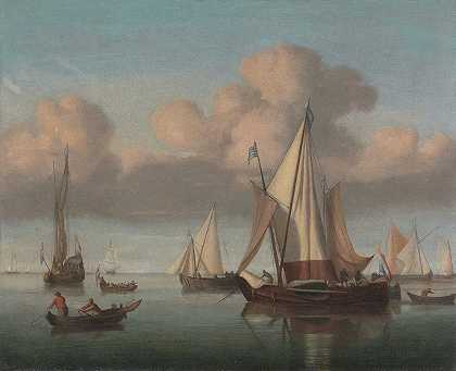 一艘挂着帆的卡格号、一艘国家游艇和其他船只`A Kaag at Anchor with Sails Hoisted and a State Yacht and Other Vessels (ca. 1665) by Willem van de Velde the Younger