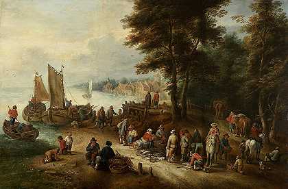 岸边的鱼市`Fish Market on the Shore (ca. 1698 – 1765) by THEOBALD MICHAU