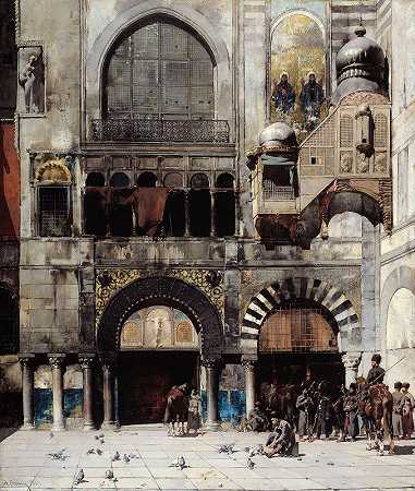 在拜占庭纪念碑门口等待指挥官的西卡西亚骑兵`Circassian Cavalry Awaiting their Commanding Officer at the Door of a Byzantine Monument (1880) by Alberto Pasini
