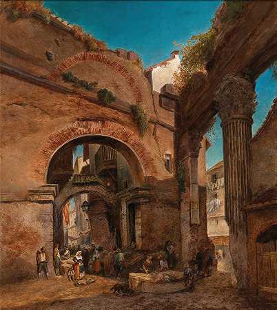 罗马，在奥塔维亚的门廊上可以看到老费舍尔市场`Rome, view at the Portico di Ottavia with the old fisher’s market (1888) by Friedrich Loos