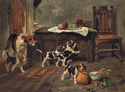 室内的猎犬和小狗`Hounds And Puppies In An Interior by John Emms