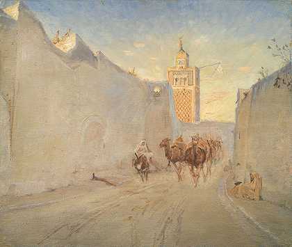突尼斯街头的骆驼`Camels in a Street in Tunisia (1882) by Theodor Philipsen