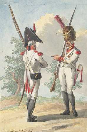 荷兰皇家掷弹兵卫队的两名士兵`Two Soldiers of the Dutch Royal Grenadier Guard (1808) by Jan Antony Langendijk