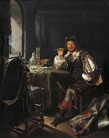 抽烟斗的士兵`A Soldier Smoking a Pipe (c. 1657~1658) by Frans van Mieris the Elder