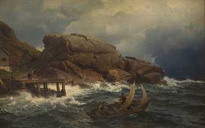 挪威海港`A Norwegian Seaport (1882) by Hans Fredrik Gude