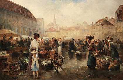 克雷姆斯花卉市场`Flower Market in Krems by Emil Barbarini