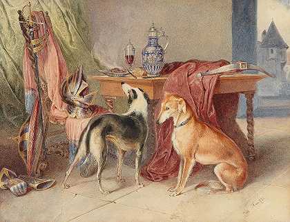 室内有灰狗，静物中有盔甲`An interior with greyhounds and a still~life with pieces of armour by Johann Matthias Ranftl