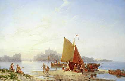 在南海露营`Kampen on the Zuider-Zee by Pieter Cornelis Dommersen