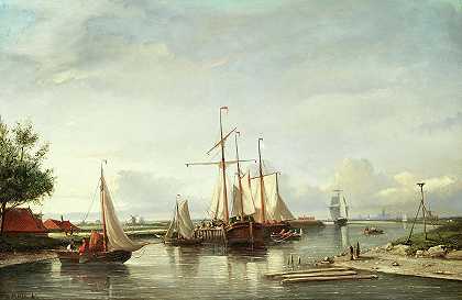 荷兰船只与哈勒姆在一起`Dutch boats with Haarlem beyond by Johannes Frederick Hulk