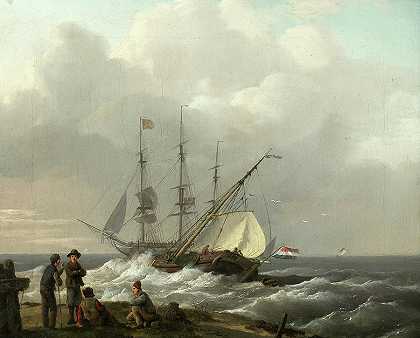 海岸上的渔夫和远航的船只`Fishermen on the shore with ships setting sail beyond by Dutch School