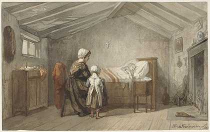 母女俩躺在孩子的病床上`Moeder en dochter bij het ziekbed van een kind (1862) by Diederik Franciscus Jamin