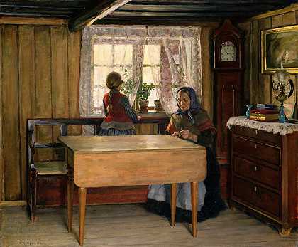 探望祖母`Visiting Grandmother (1891) by Jacob Gløersen