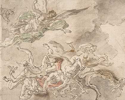 1690年那不勒斯圣保罗·马吉亚雷《西蒙·马库斯的堕落》研究`Study for the Fall of Simon Maqus, S. Paolo Maggiare, Naples, 1690 (1690) by Francesco Solimena
