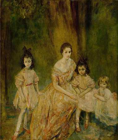 甘德里拉夫人和她的孩子玛丽·罗斯、卡门和胡安娜的画像`Portrait Of Madame Gandrillas And Her Children, Marie~Rose, Carmen And Juana by Ambrose McEvoy
