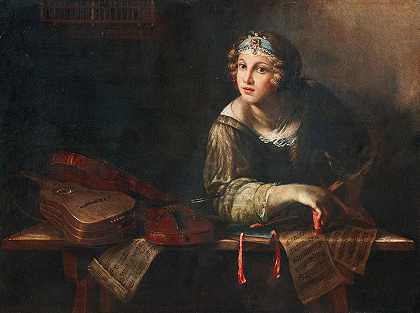 带有乐器和乐谱的寓言人物`Allegorical Figure with musical instruments and sheets of music by Girolamo Scaglia