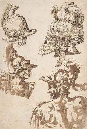 对两名戴头盔和两名戴头盔士兵的研究`Studies of Two Helmets and of Two Soldiers Wearing Helmets (1553–88) by Marco Marchetti