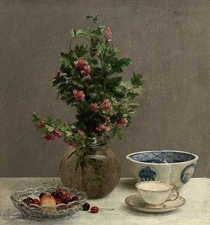 还有山楂花瓶、樱桃碗、日本碗和茶杯碟的静物画`Still Life with Vase of Hawthorn, Bowl of Cherries, Japanese Bowl, and Cup and Saucer by Henri Fantin-Latour
