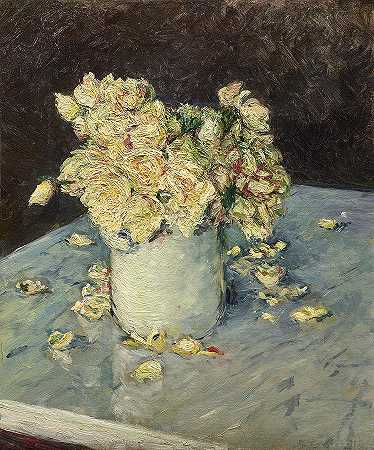 花瓶里的黄玫瑰`Yellow Roses in a Vase by Gustave Caillebotte