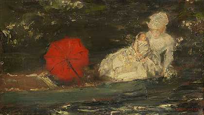 带着红色雨伞的妇女和儿童在户外`Frau und Kind im Freien mit rotem Parasol (Ca. 1870~1890) by Albert von Keller